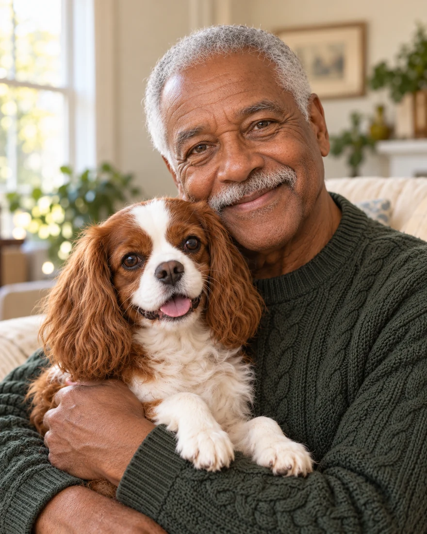 A man and his spaniel in a gift portrait