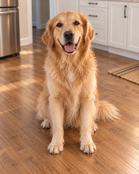 Illustrative snapshot of a golden retriever at home
